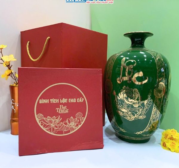 Bình thu tài hút lộc dáng cao bổ khung Lộc nền xanh lục LHGML03-3