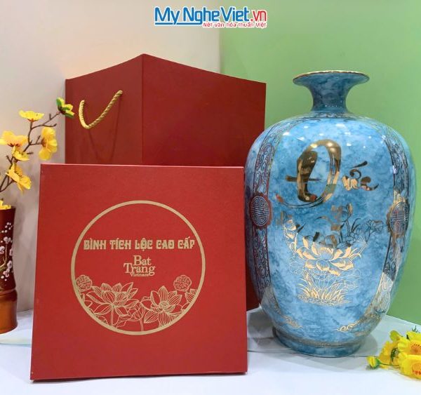 Bình thu tài hút lộc dáng cao vân đá xanh chữ Đức LHGML02-3