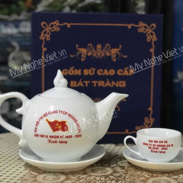 Bộ bình trà Bát Tràng in logo Công Ty Hoàng Gia ĐL In Logo
