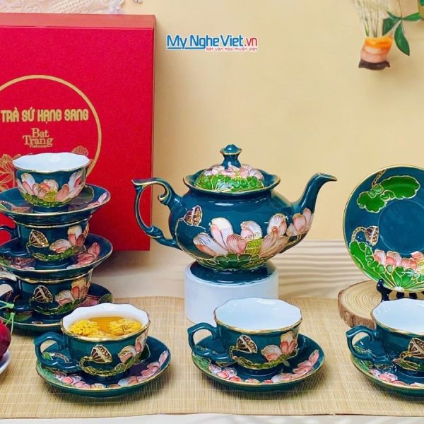 Bộ Bình Trà Queen Ngọc Lục Liên Hồng Vẽ Vàng Kim Đắp Nổi - Quà Tặng Cao Cấp