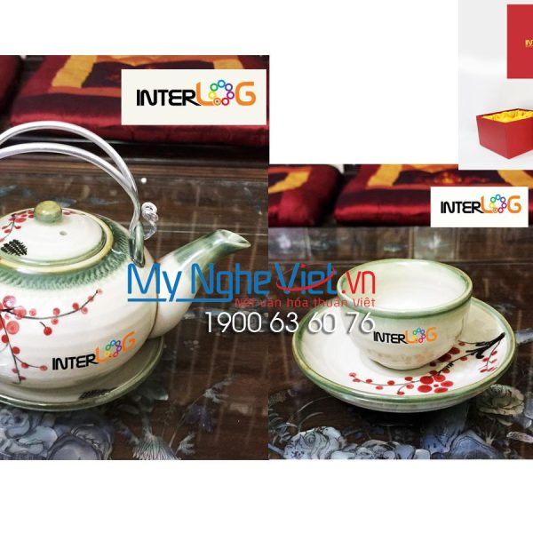 Bộ bình trà ( ấm chén ) men bóng vẽ hoa đào in logo HDInterlog