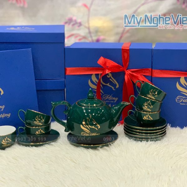 Bộ bình trà (ấm chén) men xanh cổ vịt in logo Tiến Hùng HDTH01