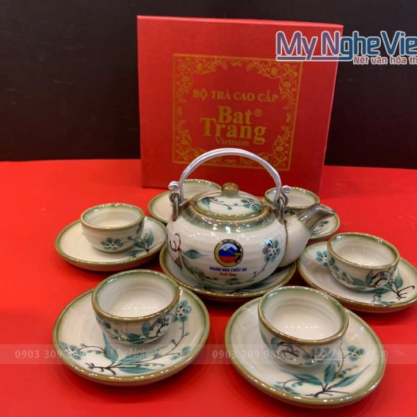 Bộ ấm chén - Bộ bình trà kiểu nhật vẽ lá tre in logo Liên đoàn Bản đồ Địa Chất Miền Nam TS519BDĐC