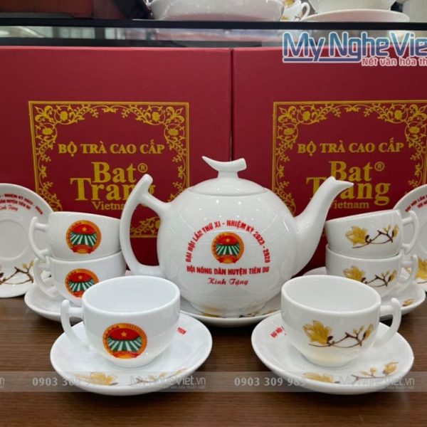 Bộ bình trà (ấm chén) dáng bưởi cành họa tiết hoa mộc lan in logo