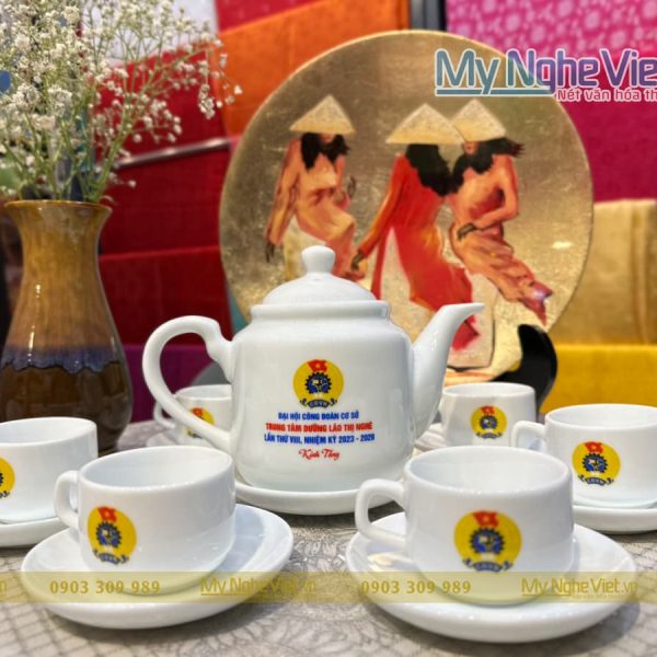 Bộ bình trà (ấm chén) dáng tiệp in logo Đại Hội Công Đoàn cơ sở MNV-HĐ02-DL