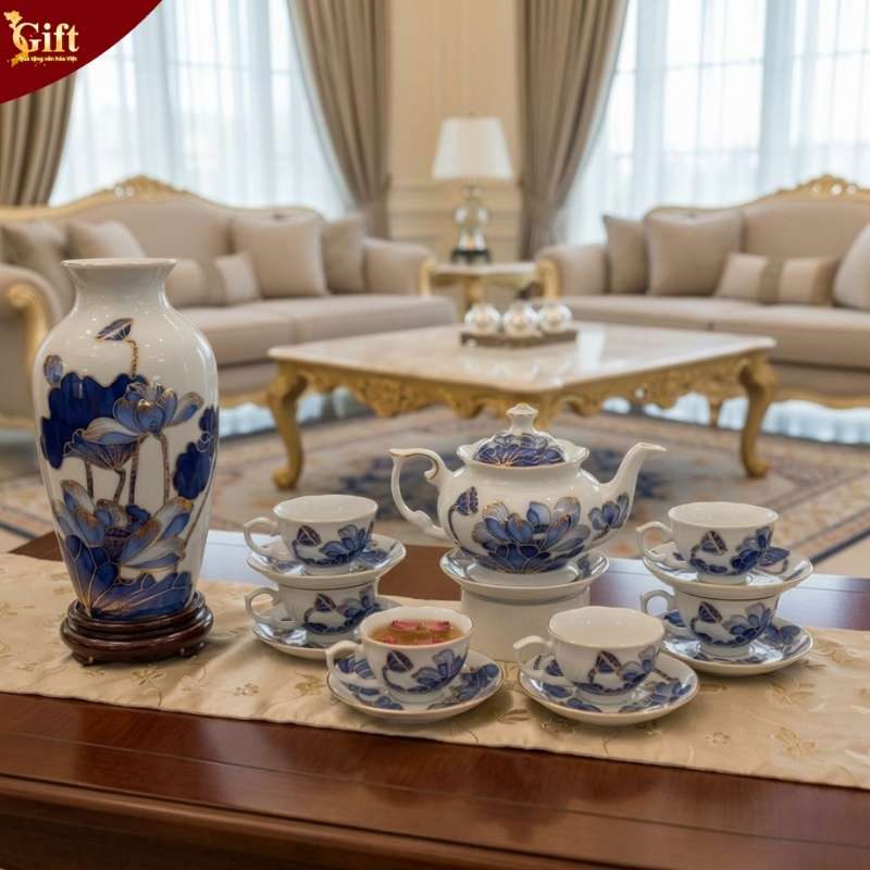 bo-binh-tra-sen-xanh-dap-noi-va-lo-hoa (5) Bộ bình trà sen xanh đắp nổi và lọ hoa