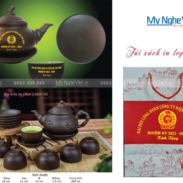 Bộ bình trà (ấm chén) tử sa in logo Điện Lực Trà Vinh