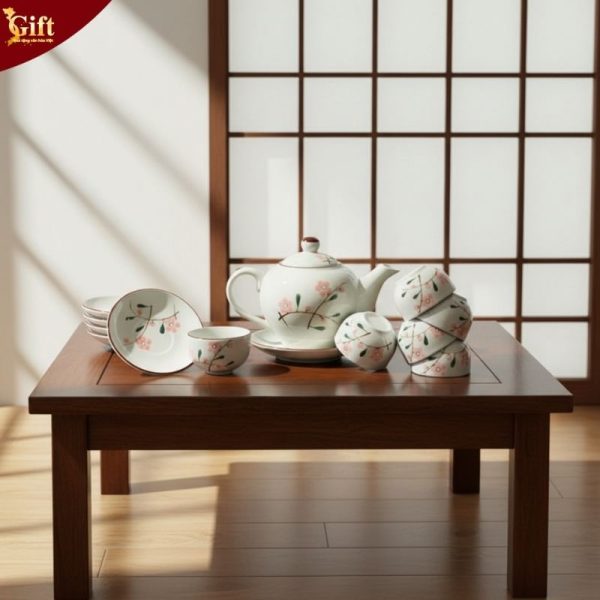 Bộ bình trà dáng quả đào vẽ đào hồng