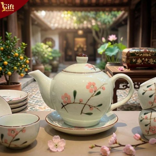 Bộ bình trà dáng quả đào vẽ đào hồng