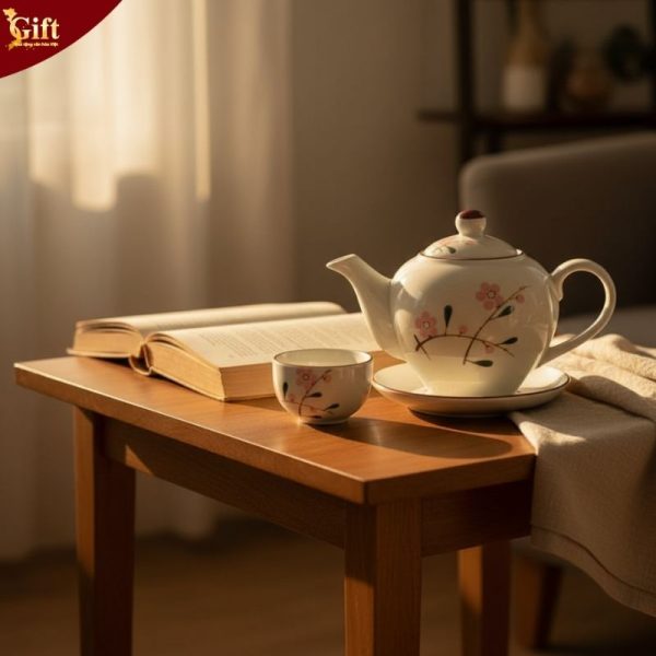 Bộ bình trà dáng quả đào vẽ đào hồng