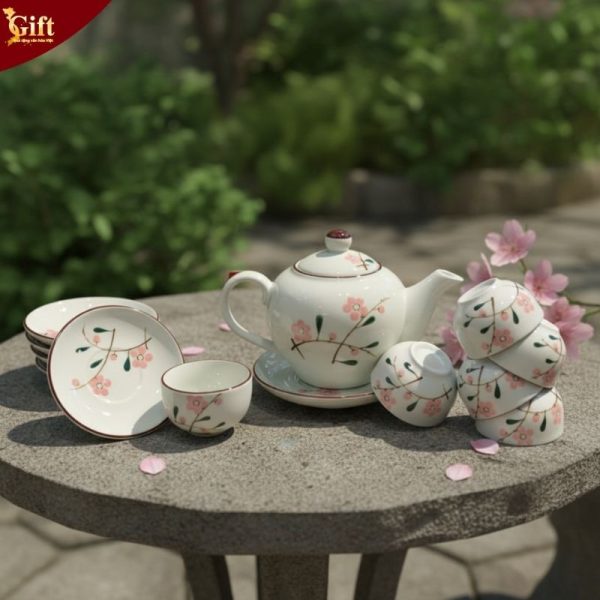 Bộ bình trà dáng quả đào vẽ đào hồng