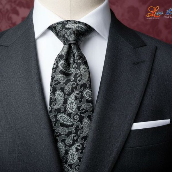 Cà vạt lụa tơ tằm họa tiết đuôi công đen MNV-CRV45