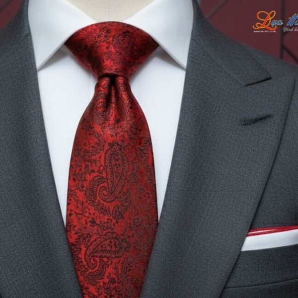 Cà vạt lụa tơ tằm họa tiết đuôi công nền đỏ MNV-CRV30