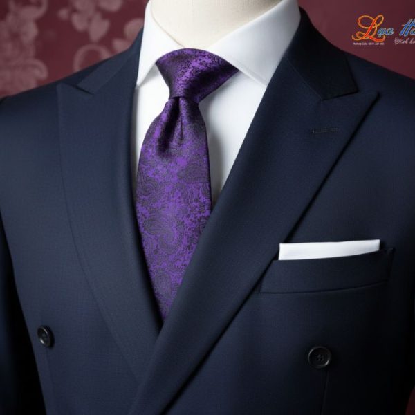 Cà vạt lụa tơ tằm họa tiết đuôi công tím đen MNV-CRV72-2