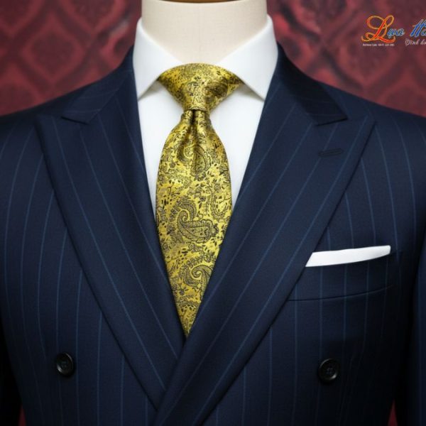 Cà vạt lụa tơ tằm họa tiết đuôi công vàng MNV-CRV67