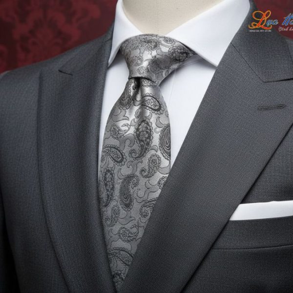 Cà vạt lụa tơ tằm họa tiết đuôi công xám MNV-CRV05-1