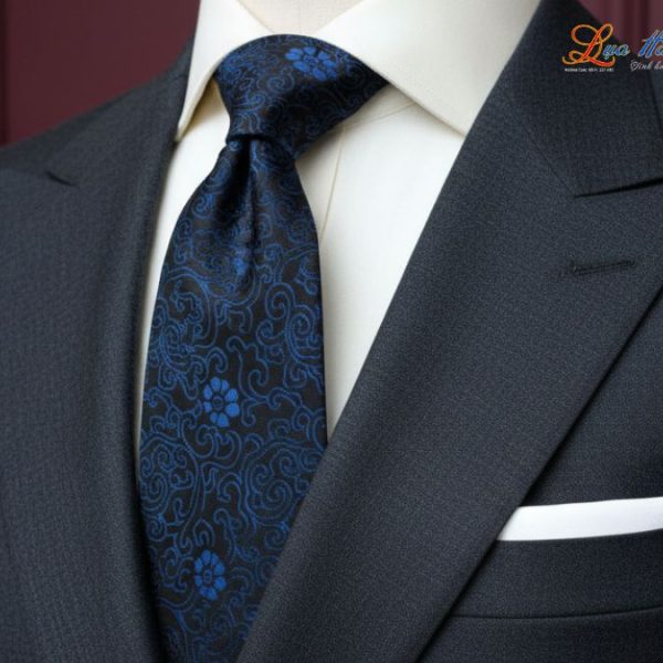 Cà vạt lụa tơ tằm họa tiết hoa mai xanh dương MNV-CRV46