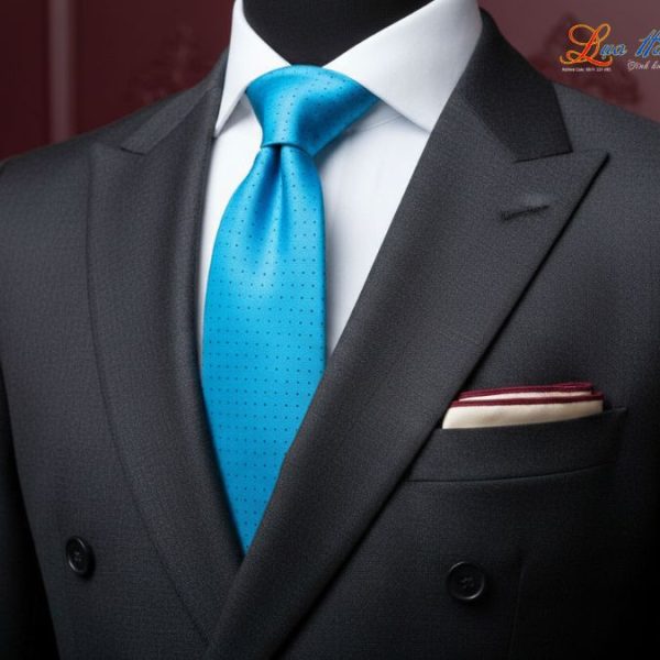 Cà vạt lụa tơ tằm họa tiết xanh chấm bi đen MNV-CRV02