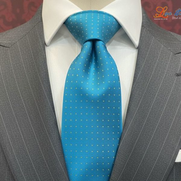 Cà vạt lụa tơ tằm họa tiết xanh chấm bi vàng MNV-CRV58