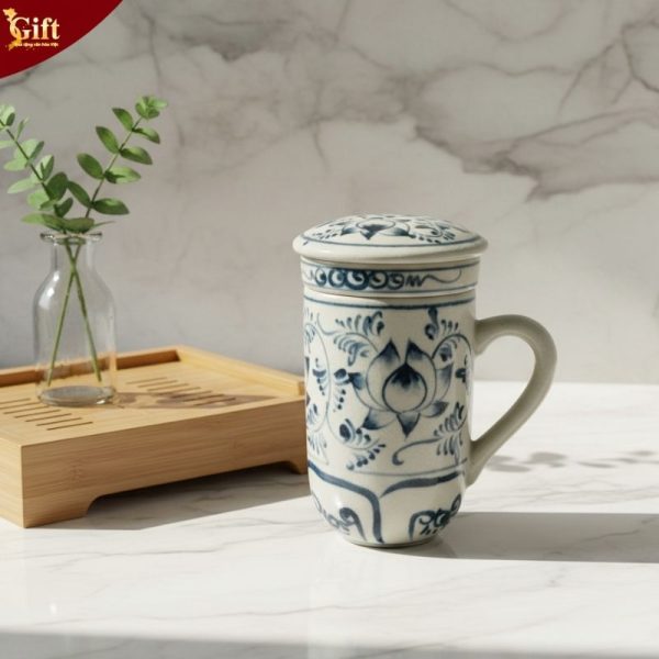 Cốc pha trà gốm sứ Bát Tràng vẽ sen xanh