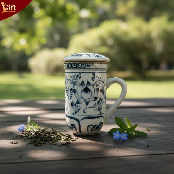 Cốc pha trà gốm sứ Bát Tràng vẽ sen xanh