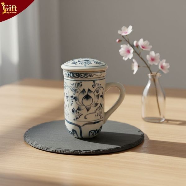 Cốc pha trà gốm sứ Bát Tràng vẽ sen xanh