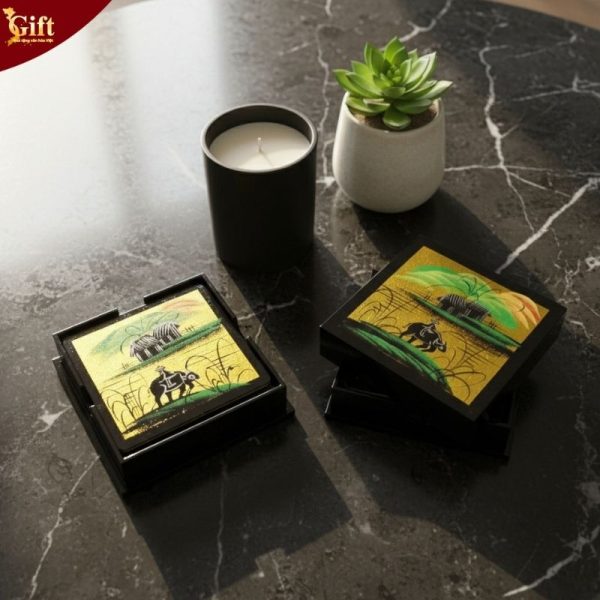 Đế lót ly sơn mài đồng quê