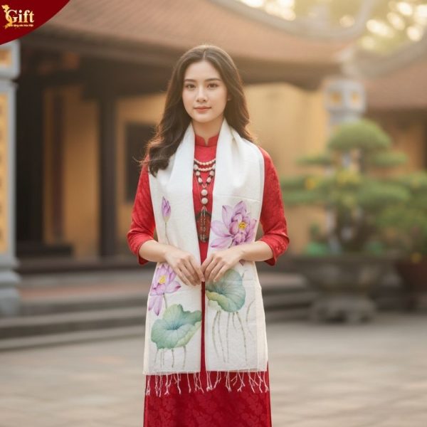 Khăn lụa tơ tằm vẽ tay hoa sen