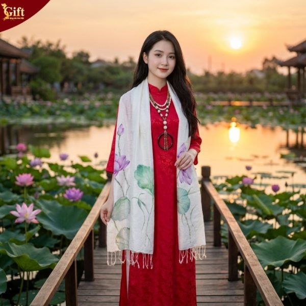 Khăn lụa tơ tằm vẽ tay hoa sen