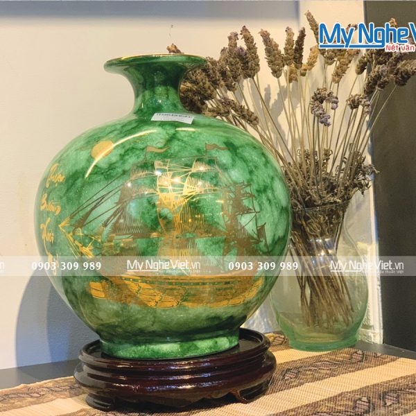 Bình thu Tài hút Lộc Thuận Buồm Xuôi Gió Men Vân Đá Xanh Lục Bảo