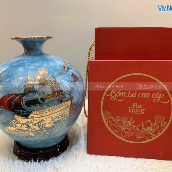 Bình thu tài hút lộc men vân đá màu xanh dương Thuận Buồm Xuôi Gió H25cm