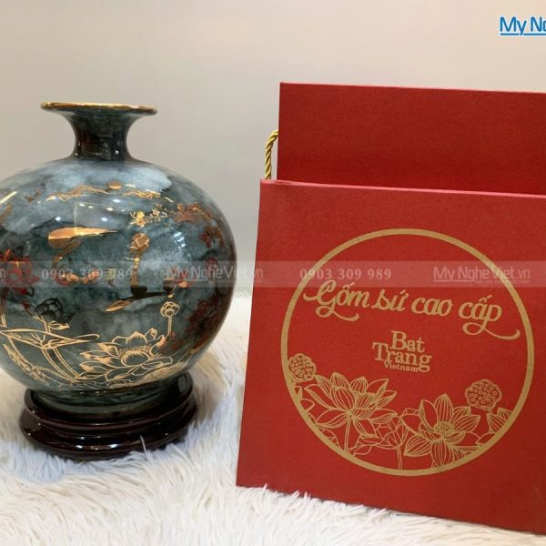 Bình thu tài hút lộc men vân đá Tài Lộc Phúc Đức H22cm