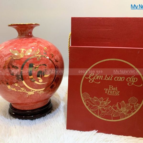 Bình thu tài hút lộc men vân đá chữ Lộc H25cm
